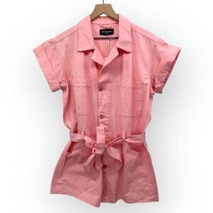 Kittenish Pink Belted Button-Up Cotton Romper With Pockets - Size Large
